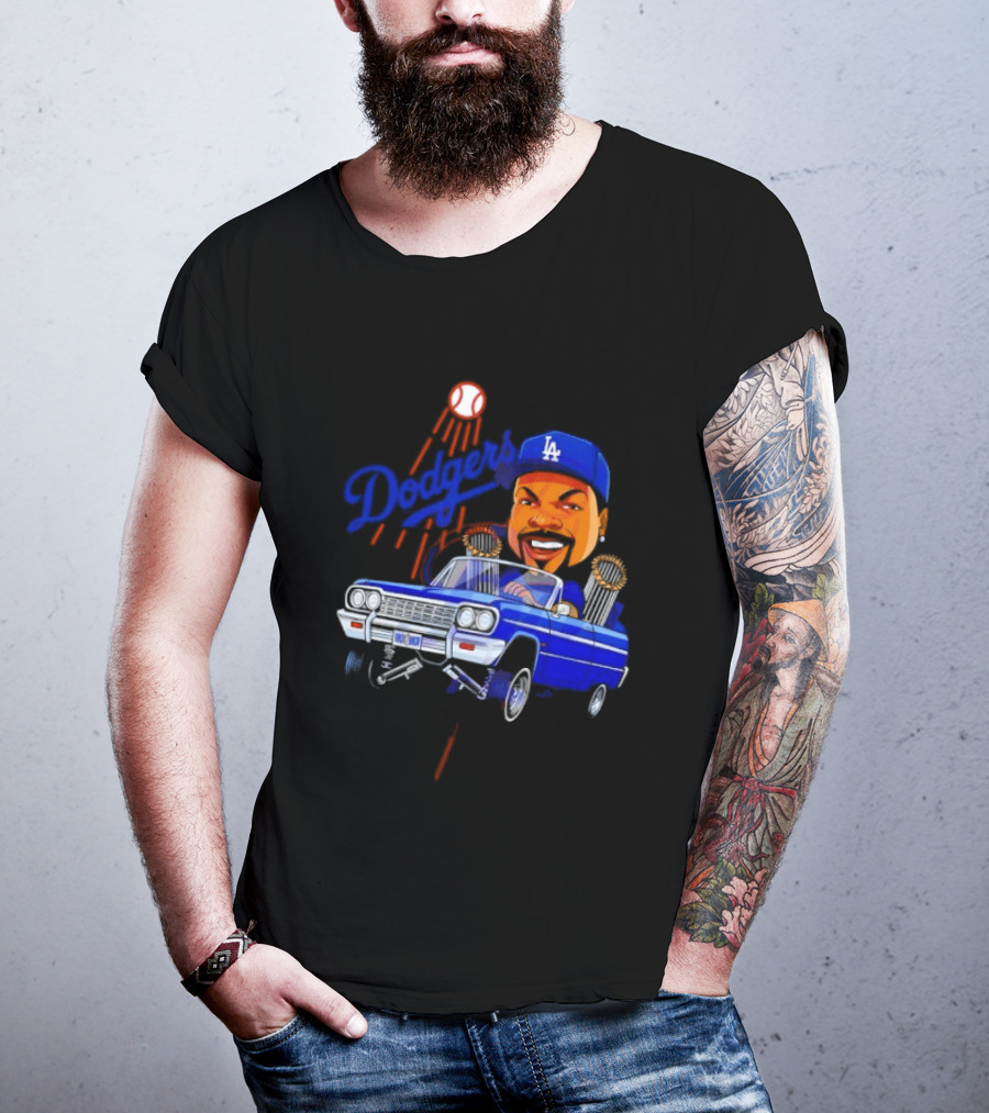 Ice Cube Cartoon Driving Lowrider Los Angeles Dodgers Baseball T-Shirt