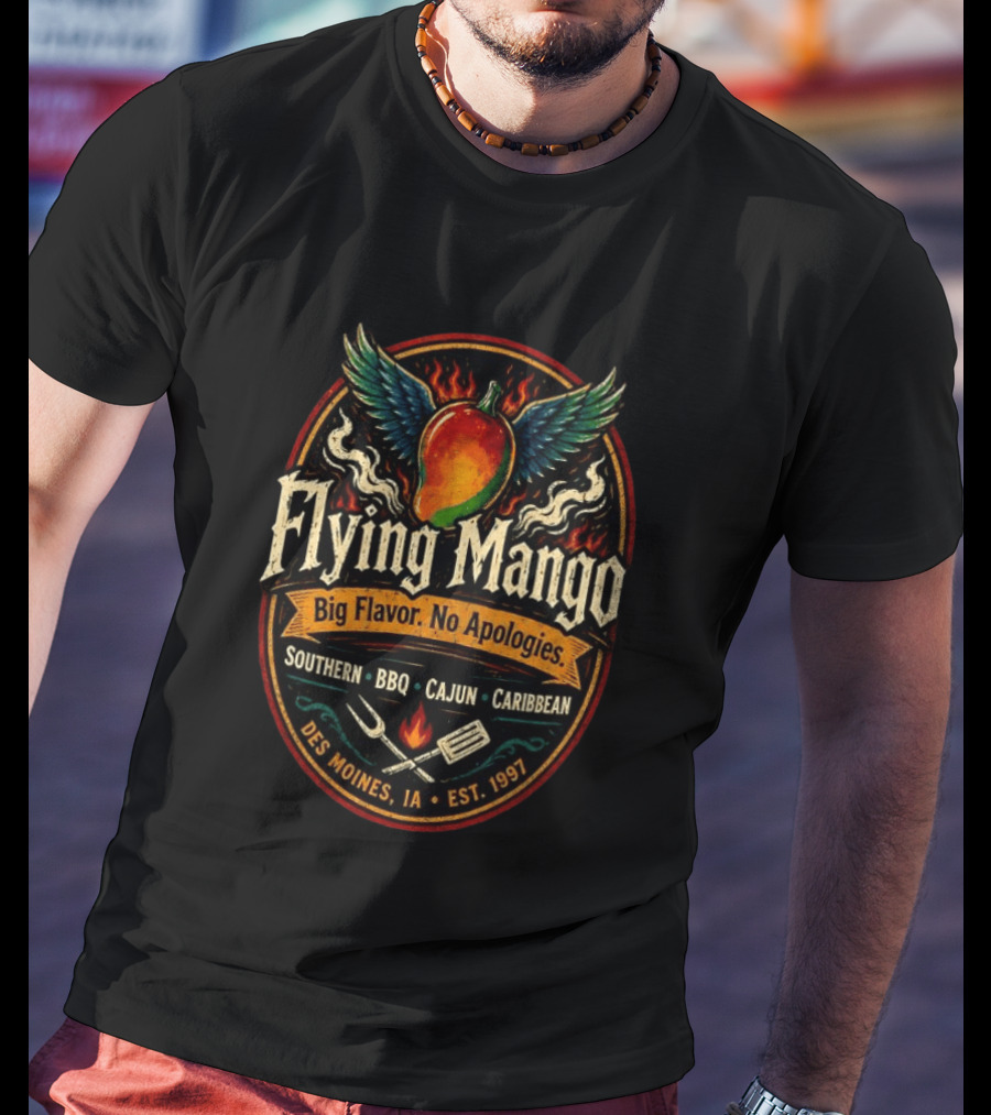 Flying Mango Southern BBQ Cajun Caribbean Des Moines IA Est 1997 T-Shirt