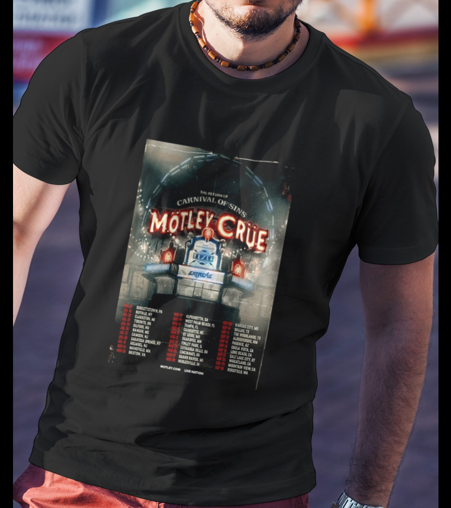 Motley Crue Carnival Of Sins Tour 2026 Featuring Tesla Dates And Locations T-Shirt