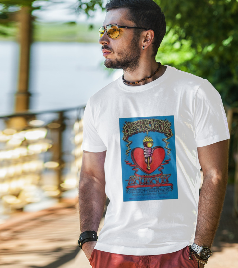 Big Brother The Holding Company Blue Background Red Heart And Torch Iconic Psychedelic T-Shirt
