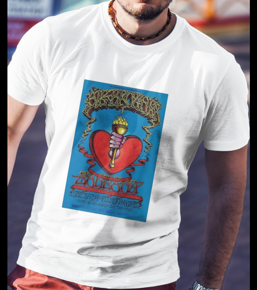 Big Brother The Holding Company Blue Background Red Heart And Torch Iconic Psychedelic T-Shirt