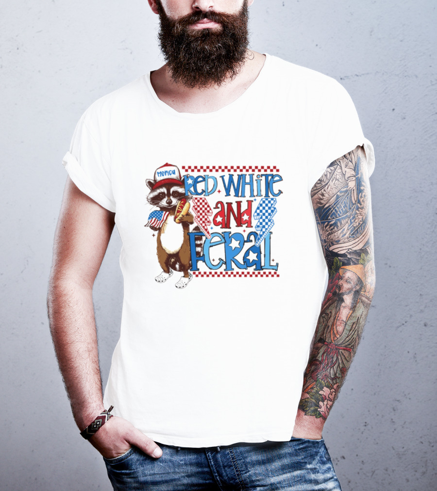 Red White And Feral Raccoon Hot Dog Patriotic 4th Of July Celebration T-Shirt
