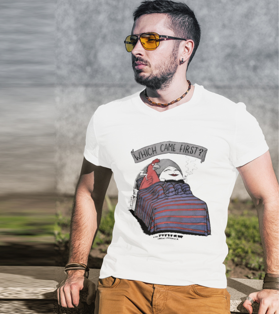 Which Came First The Chicken Or The Egg Striped Bed Scene T-Shirt