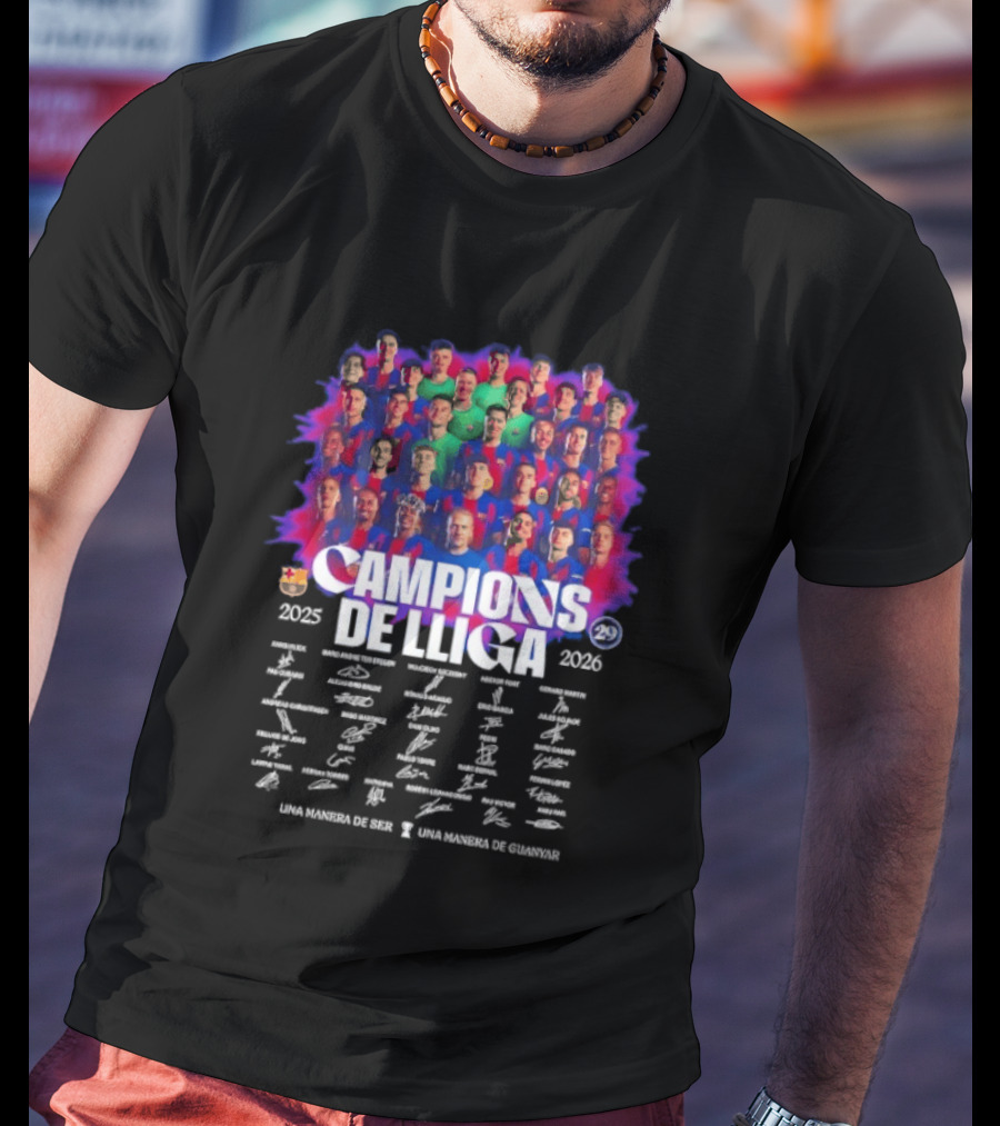 Barcelona FC Campions De Lliga 2025 2026 Signatures Una Manera De Ser T-Shirt