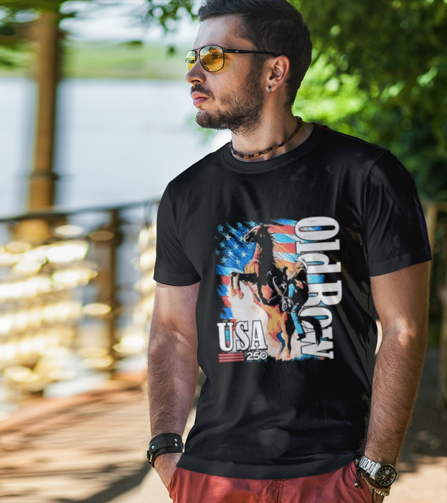 Cowboy Rodeo Rider With Horse USA Flag 250th Anniversary T-Shirt