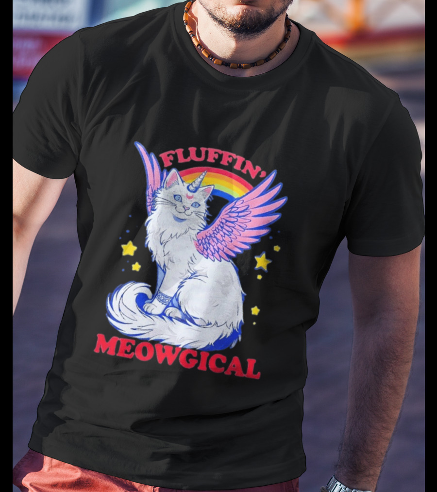Fluffin' Meowgical Winged Unicorn Cat Rainbow Stars T-Shirt