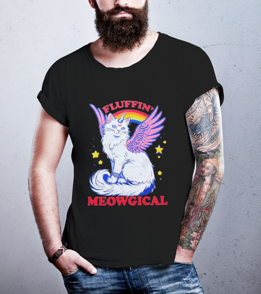 Fluffin' Meowgical Winged Unicorn Cat Rainbow Stars T-Shirt