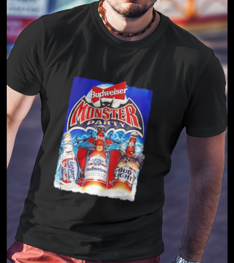 Budweiser Monster Party Bud Dry Bud Light Bottles Halloween Celebration T-Shirt
