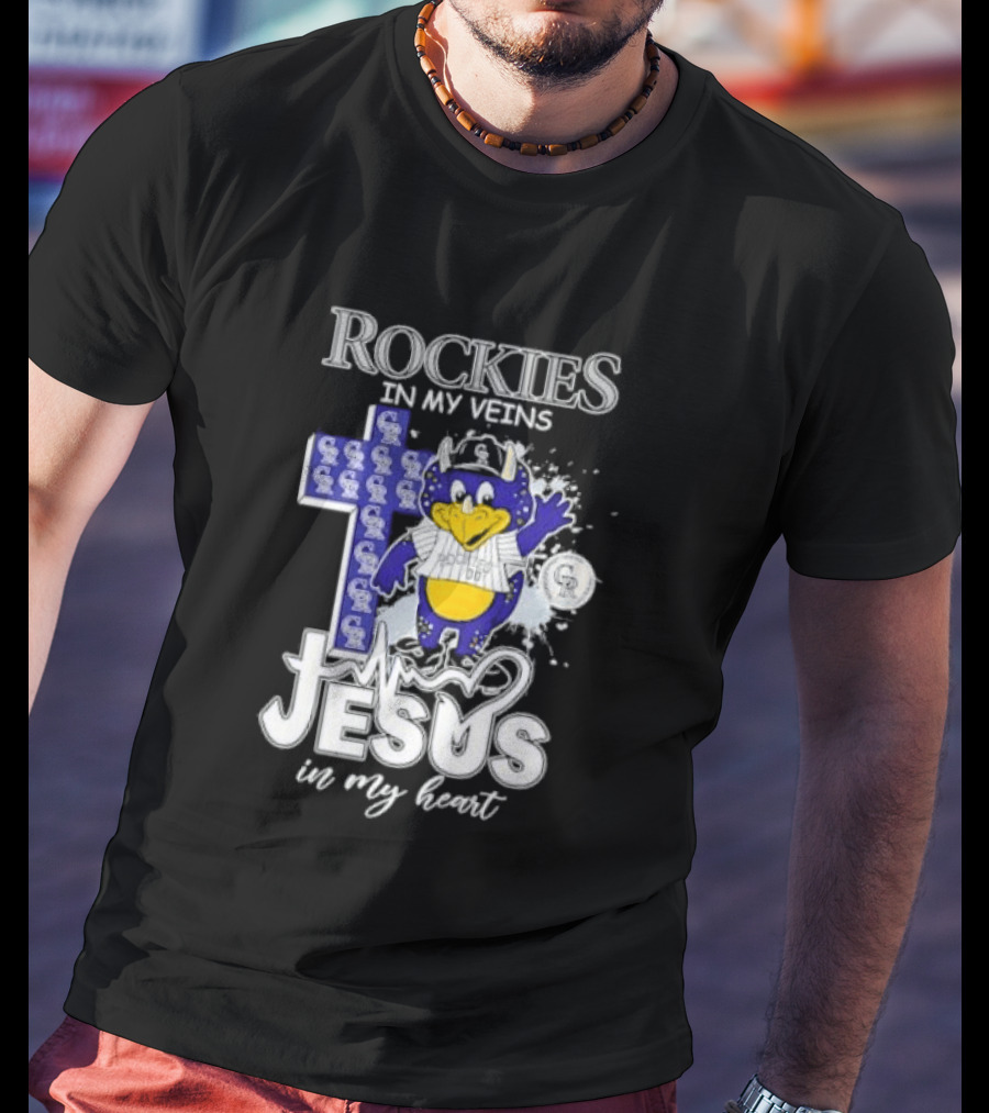 Colorado Rockies Baseball In My Veins Jesus In My Heart Cross Christian Rockies T-Shirt