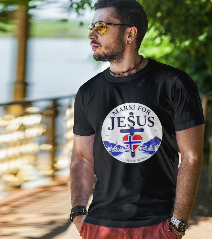 Marsj For Jesus Ålesund Norge Heart And Cross With Norwegian Flag T-Shirt