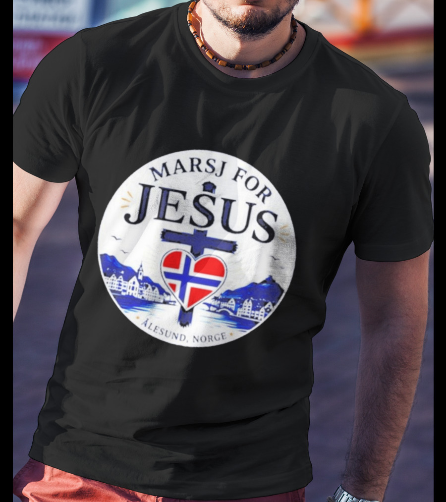 Marsj For Jesus Ålesund Norge Heart And Cross With Norwegian Flag T-Shirt