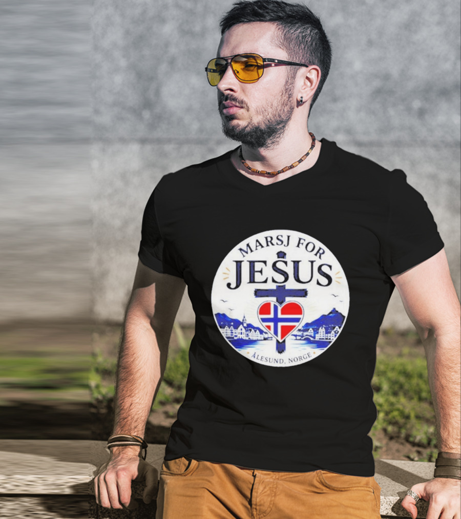 Marsj For Jesus Ålesund Norge Heart And Cross With Norwegian Flag T-Shirt