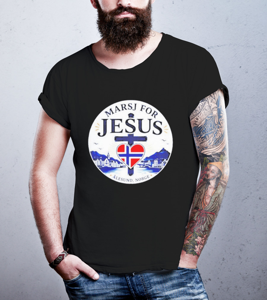 Marsj For Jesus Ålesund Norge Heart And Cross With Norwegian Flag T-Shirt