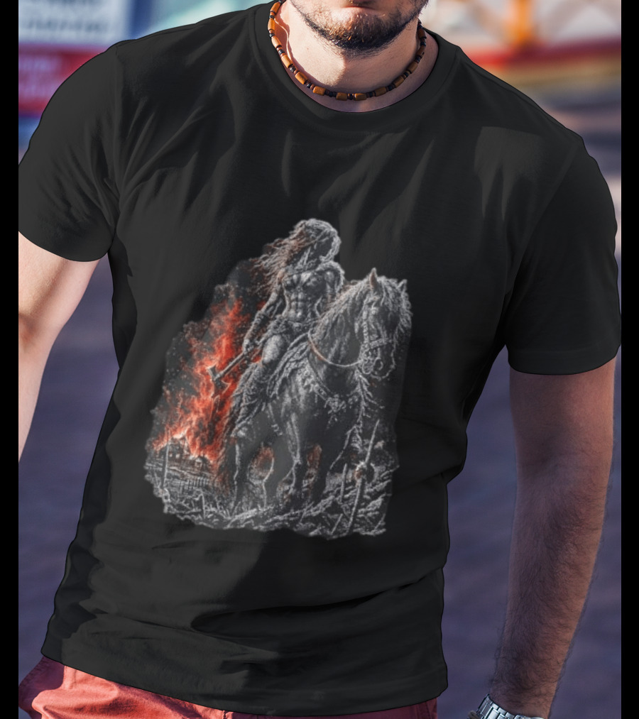Barbarian Woman Dark Fantasy Warrior On Horseback With Axe And Fire T-Shirt