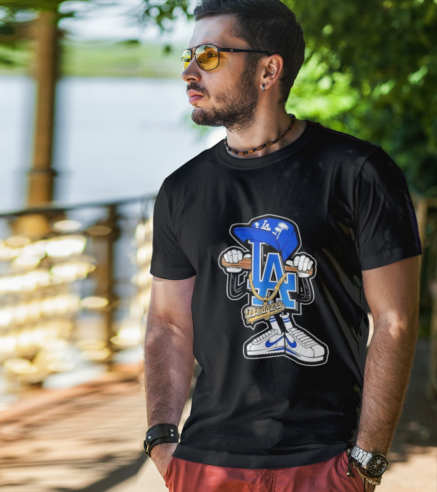 LA Dodgers Palm Trees Gold Chain With Blue Hat And Sneakers T-Shirt