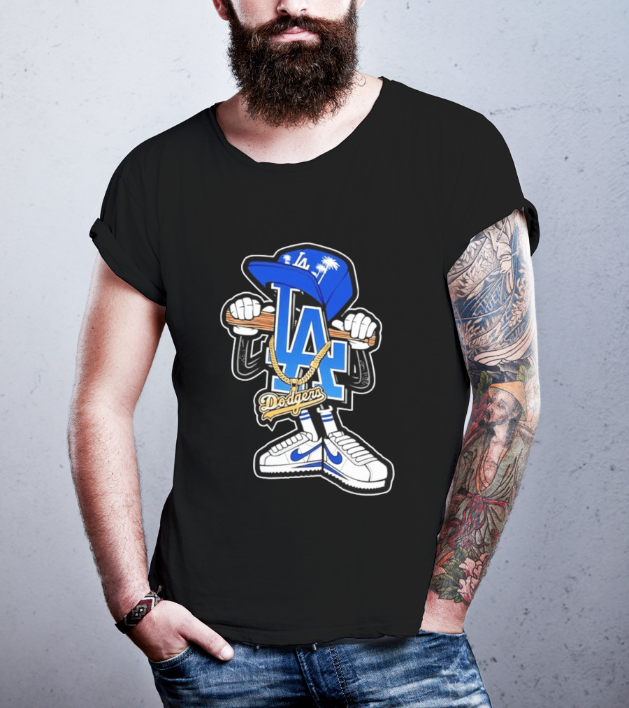 LA Dodgers Palm Trees Gold Chain With Blue Hat And Sneakers T-Shirt