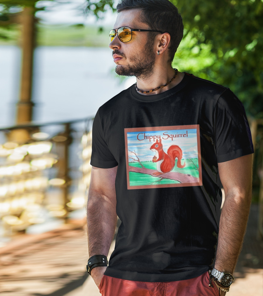 Chippy Squirrel Acorn On Tree Branch Nature Scene T-Shirt
