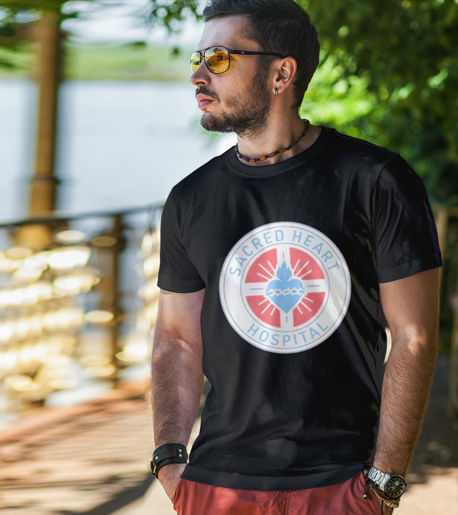 Sacred Heart Hospital Emblem With Blue And Red Heart T-Shirt