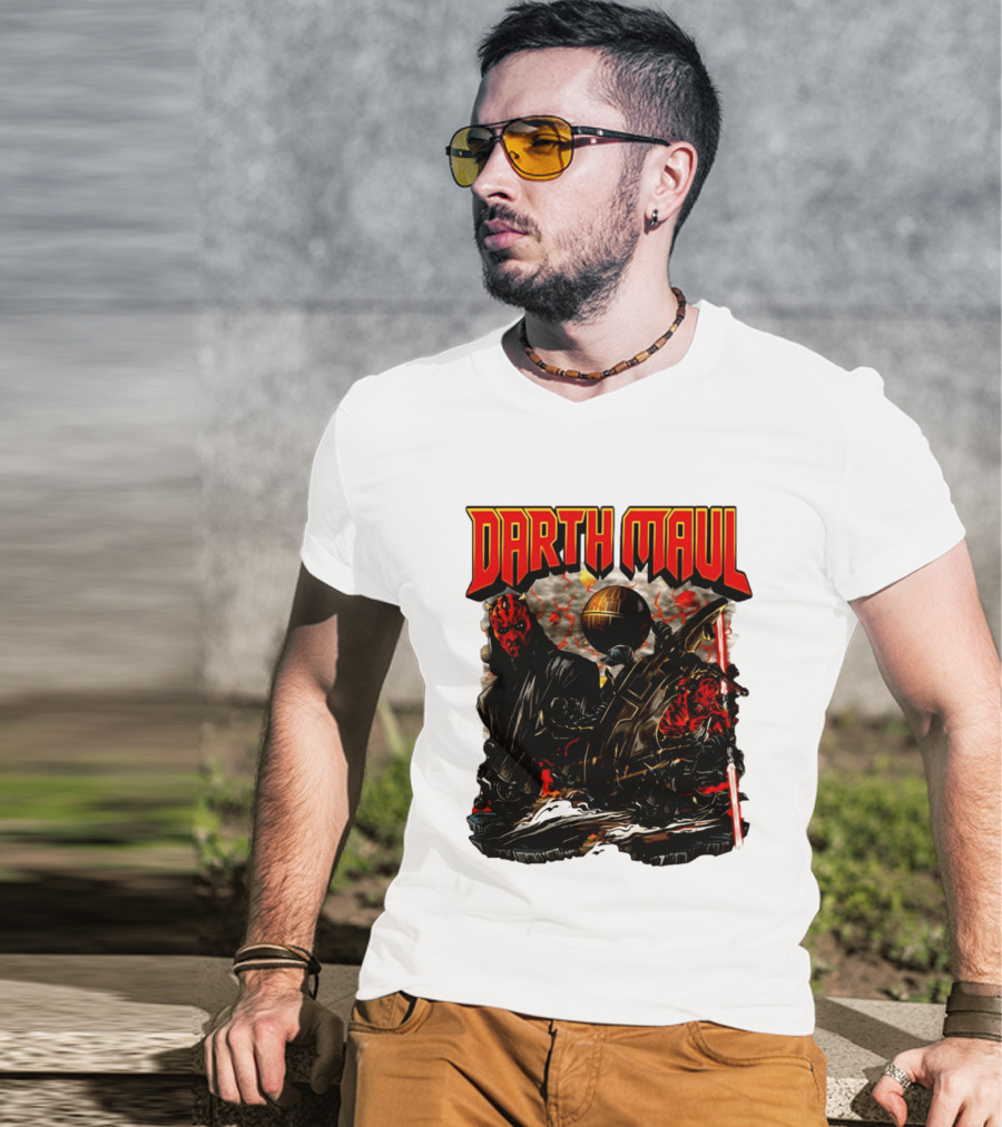 Darth Maul Star Wars Sith Warrior Battle Scene With Lightsaber And The Death Star T-Shirt