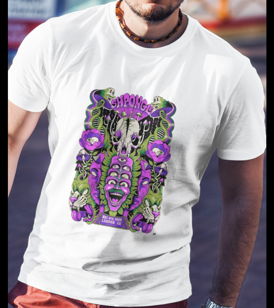 Shpongle May 9th 2026 London UK Psychedelic Imagery Skeletons And Flowers T-Shirt