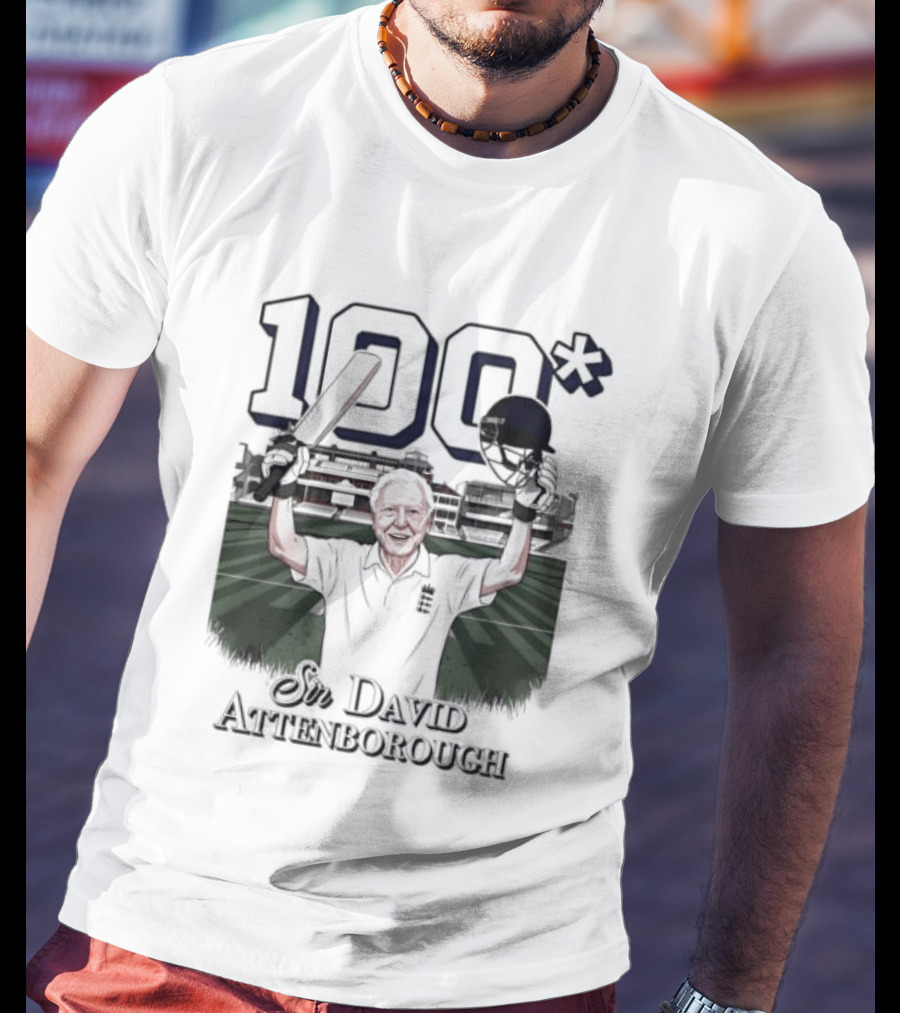 Sir David Attenborough 100 Celebration Cricket Bat And Helmet Raised T-Shirt