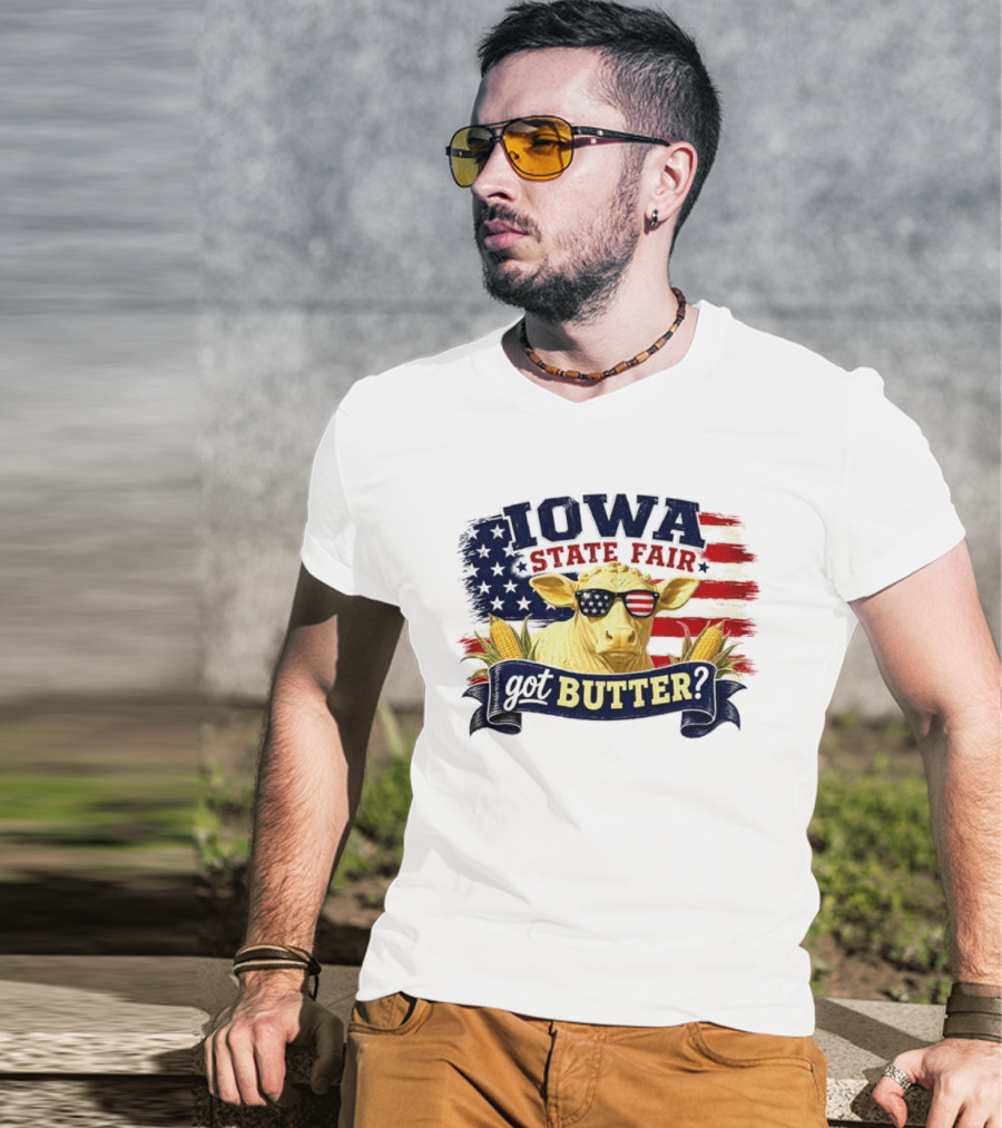 Iowa State Fair Cow Got Butter Corn American Flag T-Shirt