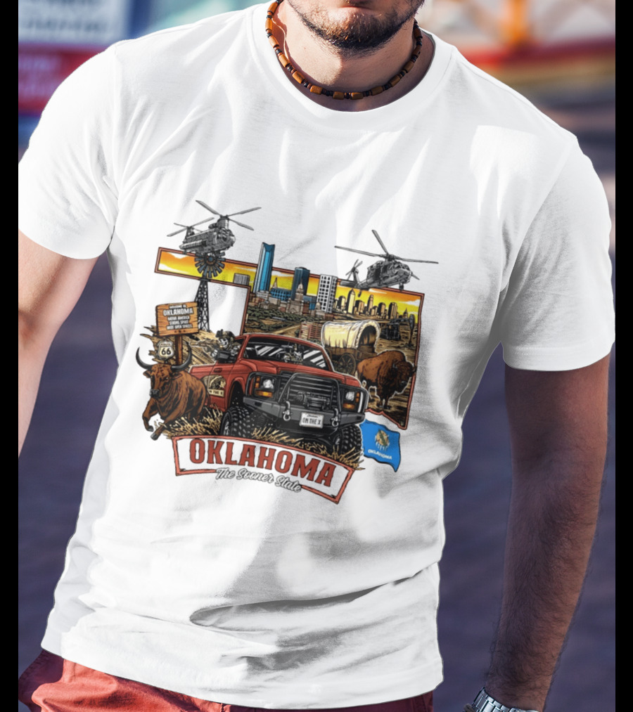 Oklahoma The Sooner State Route 66 Buffalo Cityscape Helicopters T-Shirt