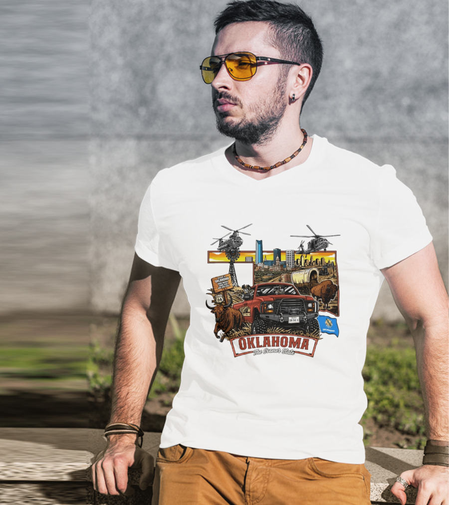 Oklahoma The Sooner State Route 66 Buffalo Cityscape Helicopters T-Shirt