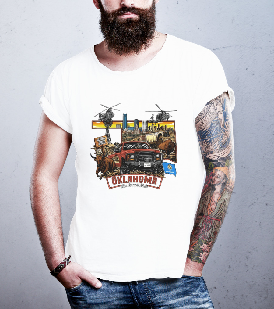 Oklahoma The Sooner State Route 66 Buffalo Cityscape Helicopters T-Shirt