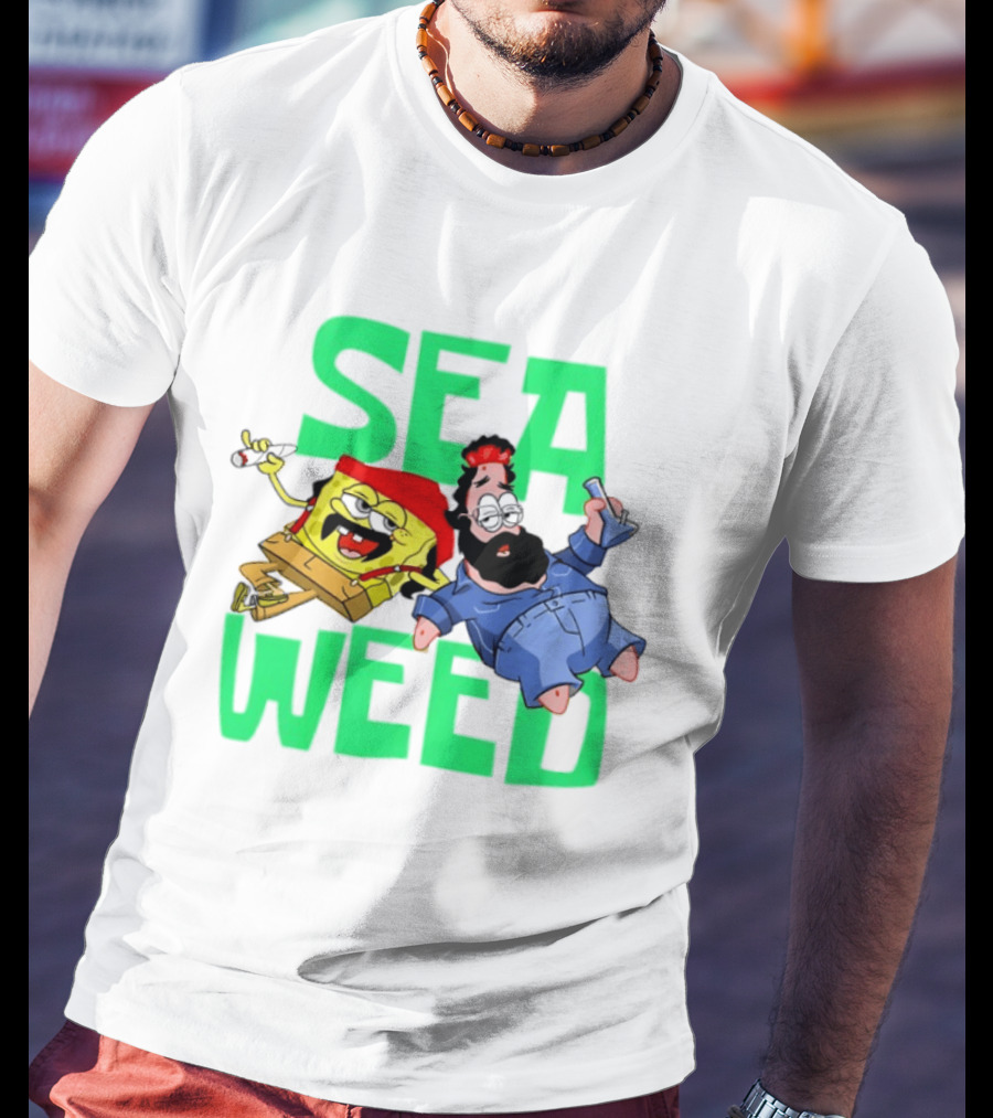 Sea Weed Sponge And Bearded Duo Cartoon Characters T-Shirt