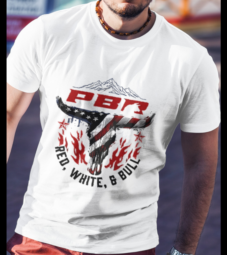 PBR Red White And Bull Mountain Skull Stars And Flames T-Shirt