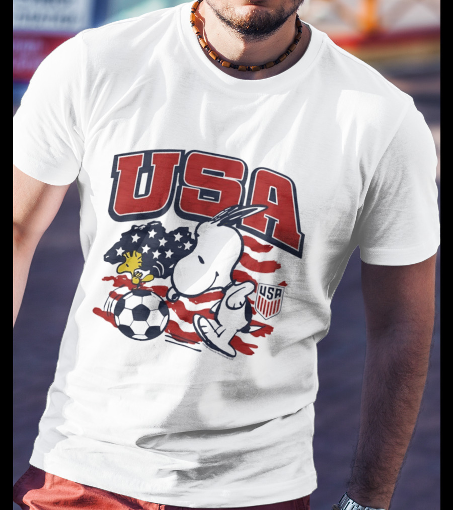 USA Soccer Snoopy And Woodstock Peanuts Characters With American Flag T-Shirt