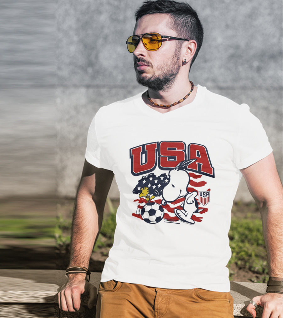 USA Soccer Snoopy And Woodstock Peanuts Characters With American Flag T-Shirt