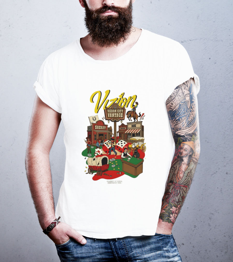 Vizion City Vantage Wild West Cowboy Town Dice Saloon Sheriff Wagon Horse T-Shirt