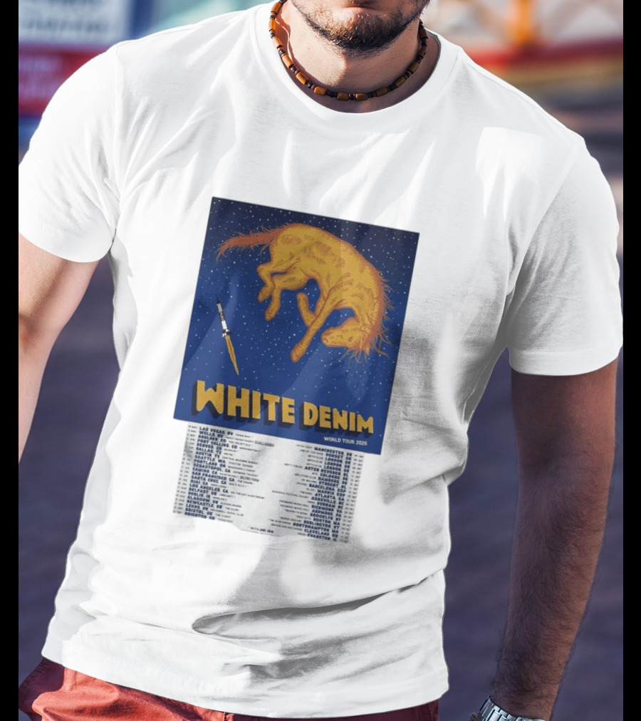White Denim World Tour 2026 Tour Dates And Cities With Starry Night Horse Scene T-Shirt