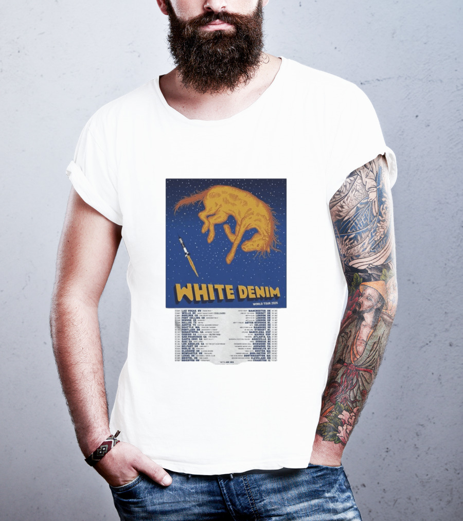 White Denim World Tour 2026 Tour Dates And Cities With Starry Night Horse Scene T-Shirt