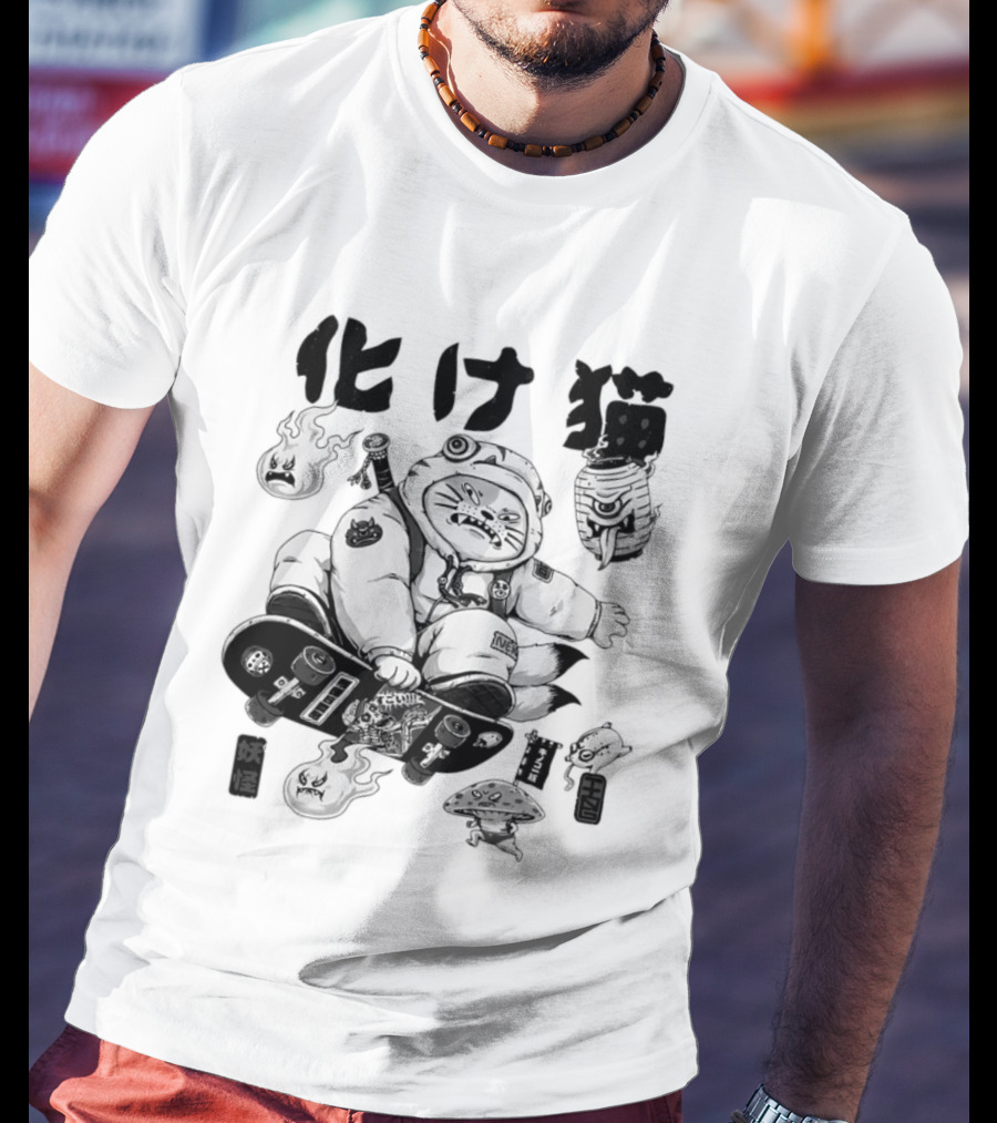 Bakeneko Gang Skateboarding Cat Demon Kanji T-Shirt