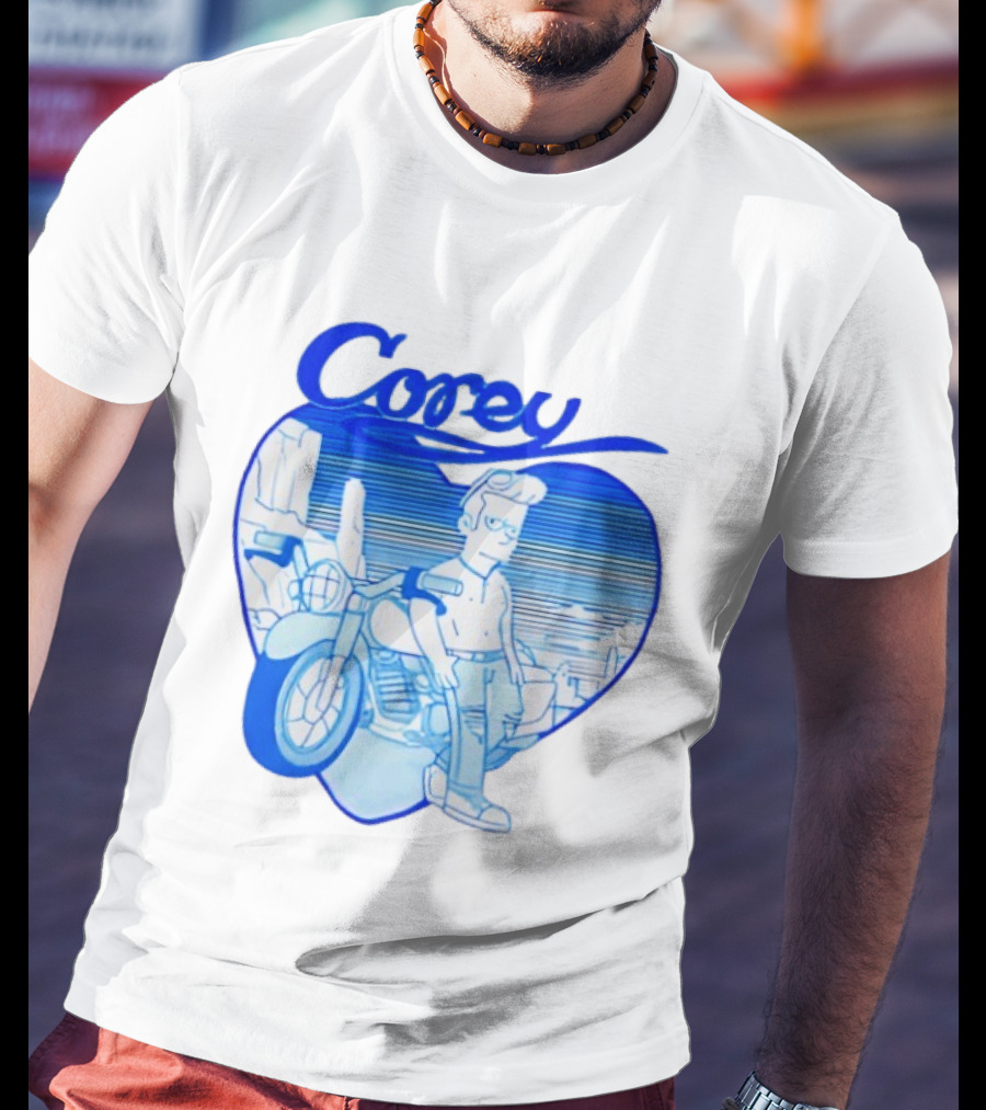 Corey Simpson Motorcycle In Heart Retro Cartoon Style With Blue Desert T-Shirt