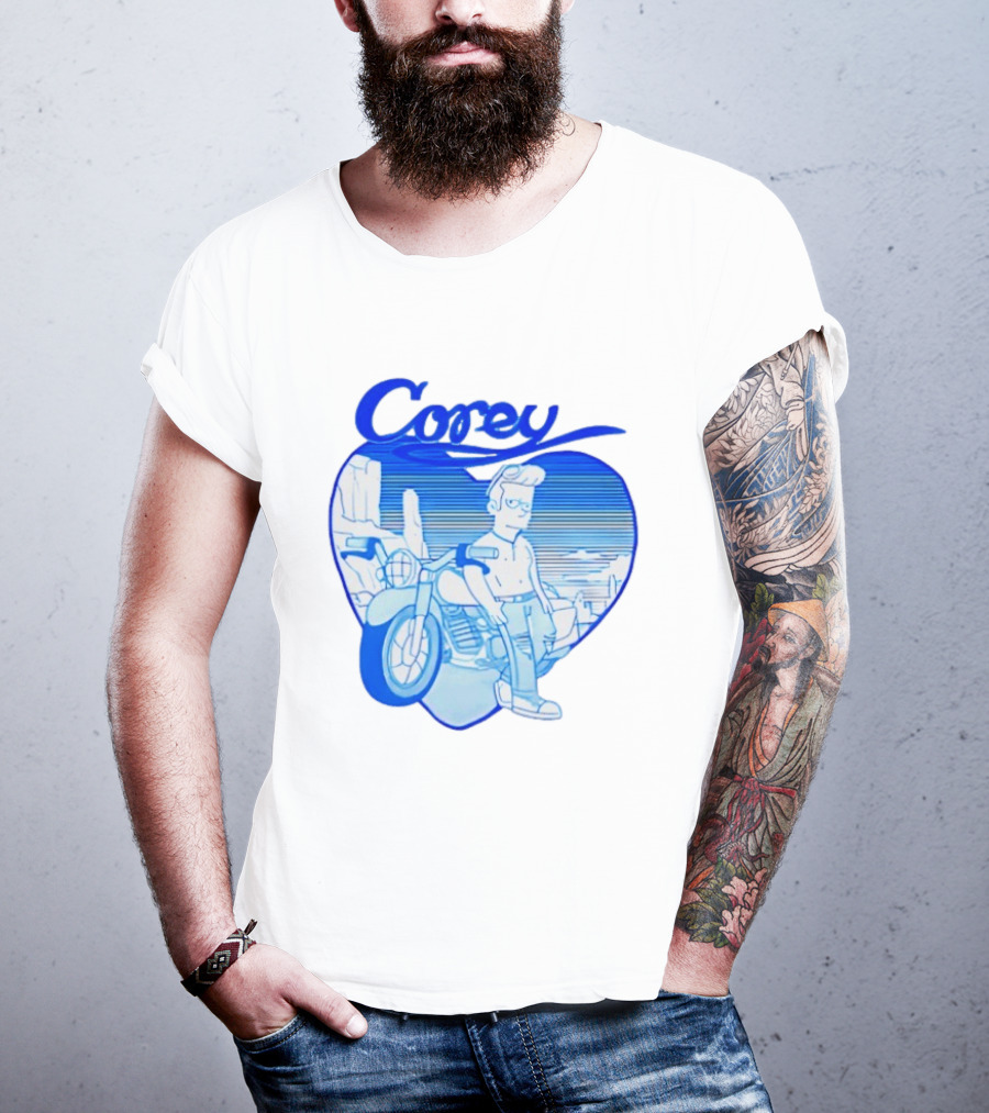 Corey Simpson Motorcycle In Heart Retro Cartoon Style With Blue Desert T-Shirt