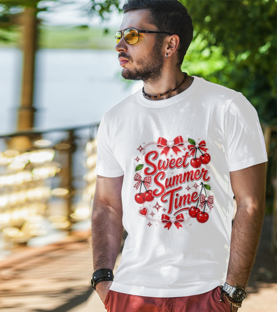 Sweet Summer Time Cherry Pearl Ribbon Hearts Bows T-Shirt