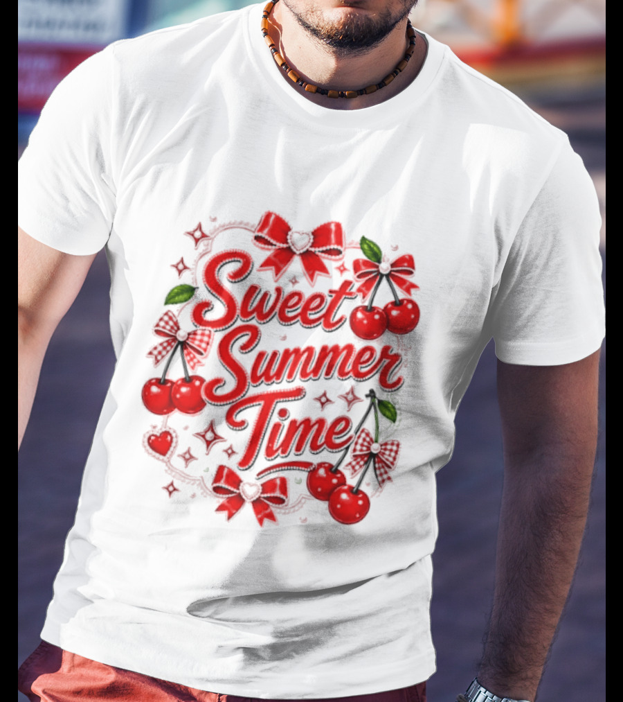 Sweet Summer Time Cherry Pearl Ribbon Hearts Bows T-Shirt