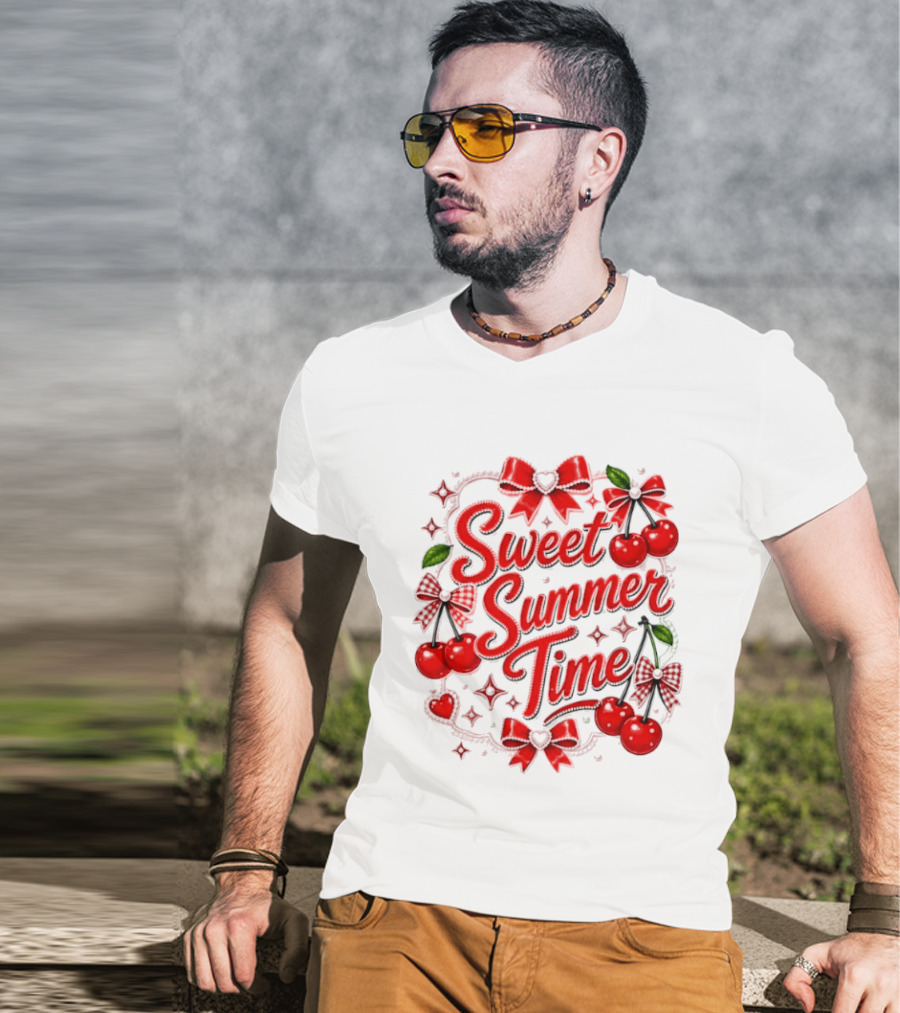 Sweet Summer Time Cherry Pearl Ribbon Hearts Bows T-Shirt