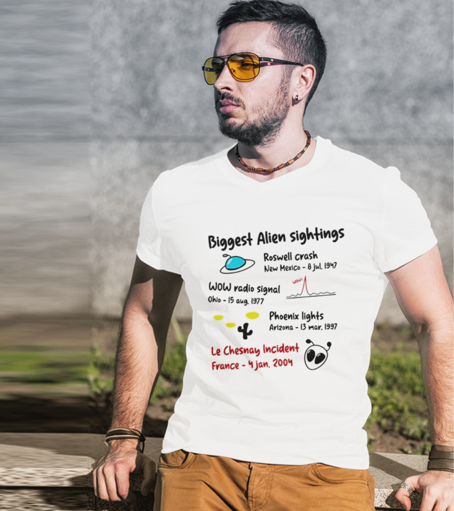 Biggest Alien Sightings Roswell Crash WOW Radio Signal Phoenix Lights Le Chesnay Incident France 4 Jan 2004 T-Shirt