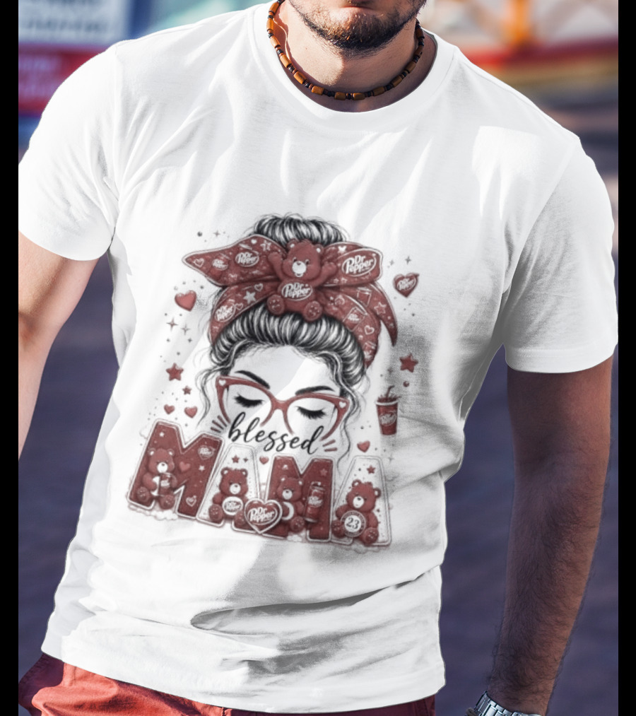 Messy Bun Dr Pepper Blessed Mama Glasses And Bandana T-Shirt