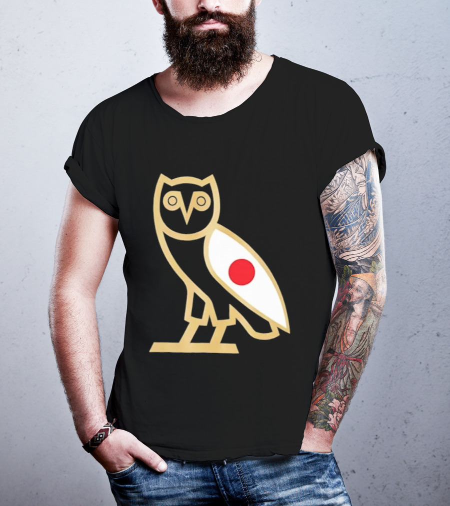 OVO Owl Japan Flag Icon Gold Outline And Red Circle Motif T-Shirt