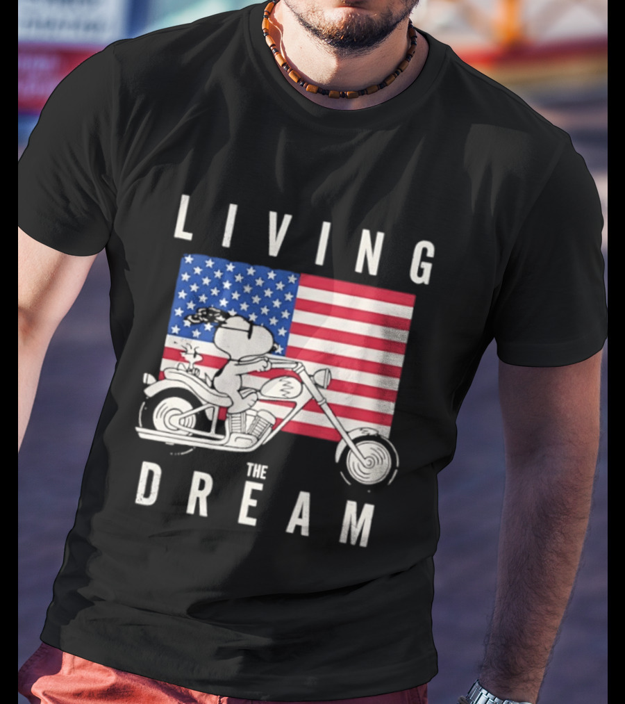Living The Dream Snoopy Woodstock Motorcycle American Flag Peanuts T-Shirt