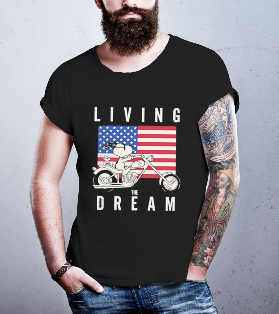 Living The Dream Snoopy Woodstock Motorcycle American Flag Peanuts T-Shirt