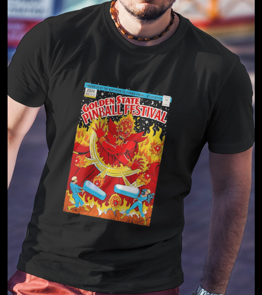 Golden State Pinball Festival Northern California May 2026 Fire Demon Battle T-Shirt