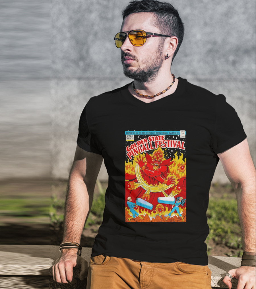 Golden State Pinball Festival Northern California May 2026 Fire Demon Battle T-Shirt