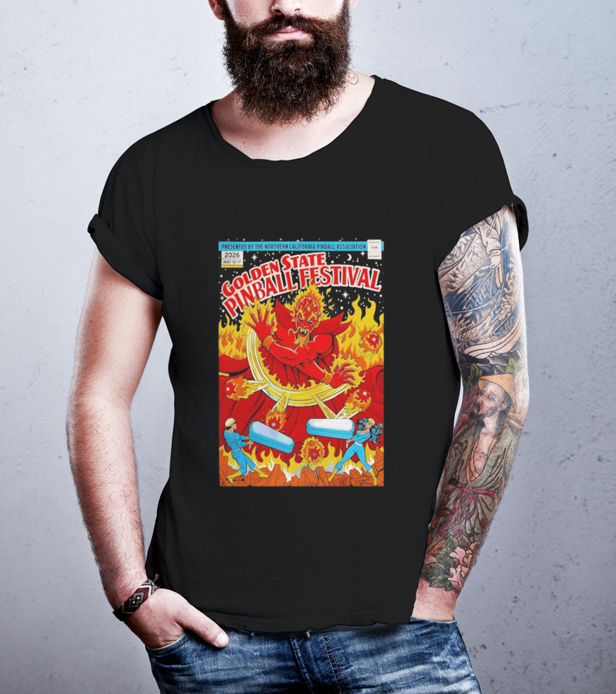 Golden State Pinball Festival Northern California May 2026 Fire Demon Battle T-Shirt
